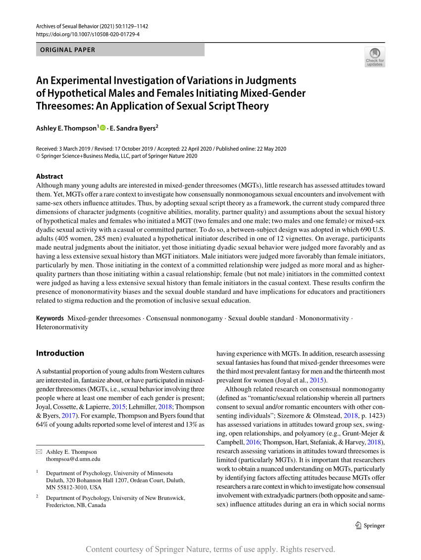 An Experimental Investigation of Variations in Judgments of Hypothetical Males and Females Initiating Mixed-Gender Threesomes An Application of Sexual Script Theory Request picture