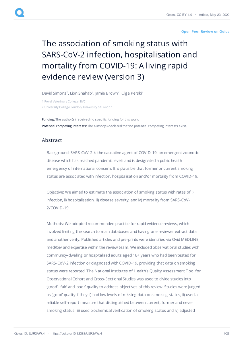 Pdf The Association Of Smoking Status With Sars Cov 2 Infection Hospitalisation And Mortality From Covid 19 A Living Rapid Evidence Review Version 3