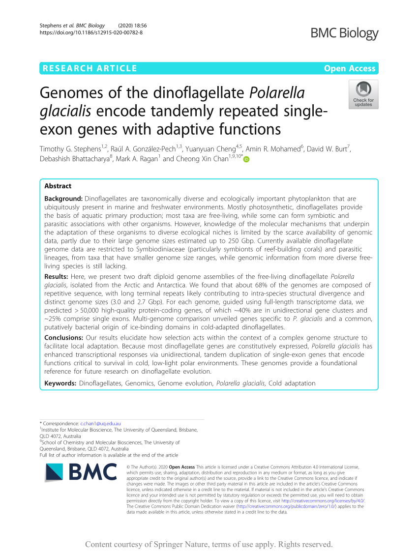 PDF) Genomes of the dinoflagellate Polarella glacialis encode tandemly repeated single-exon genes with adaptive functions