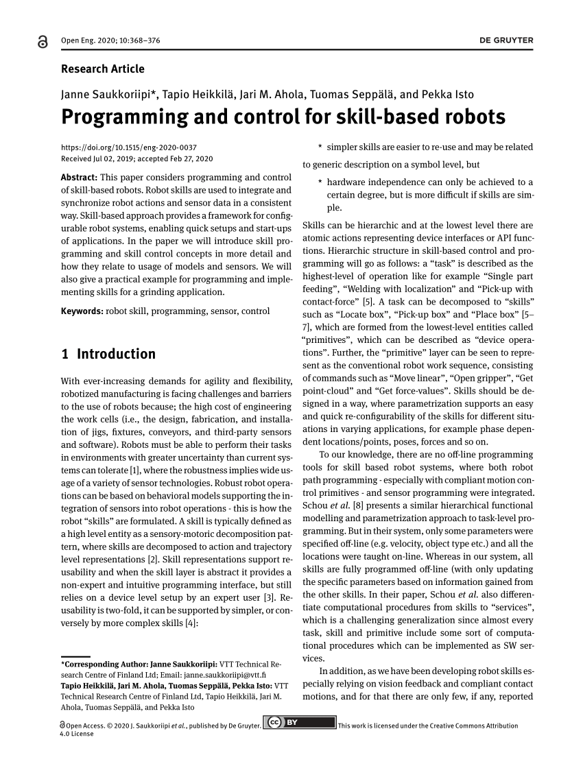 PDF) Programming and control for skill-based robots