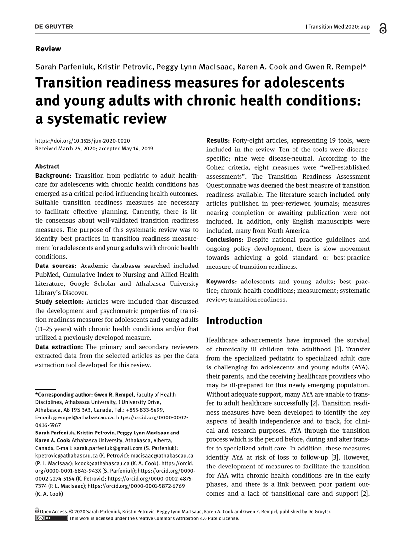 PDF) Transition readiness measures for adolescents and young adults with  chronic health conditions: a systematic review