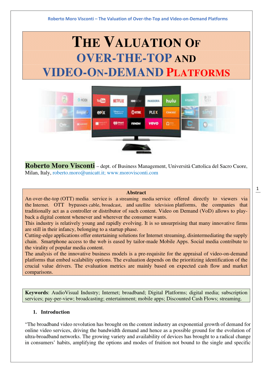 PDF) Roberto Moro Visconti -The Valuation of Over-the-Top and Video-on- Demand Platforms