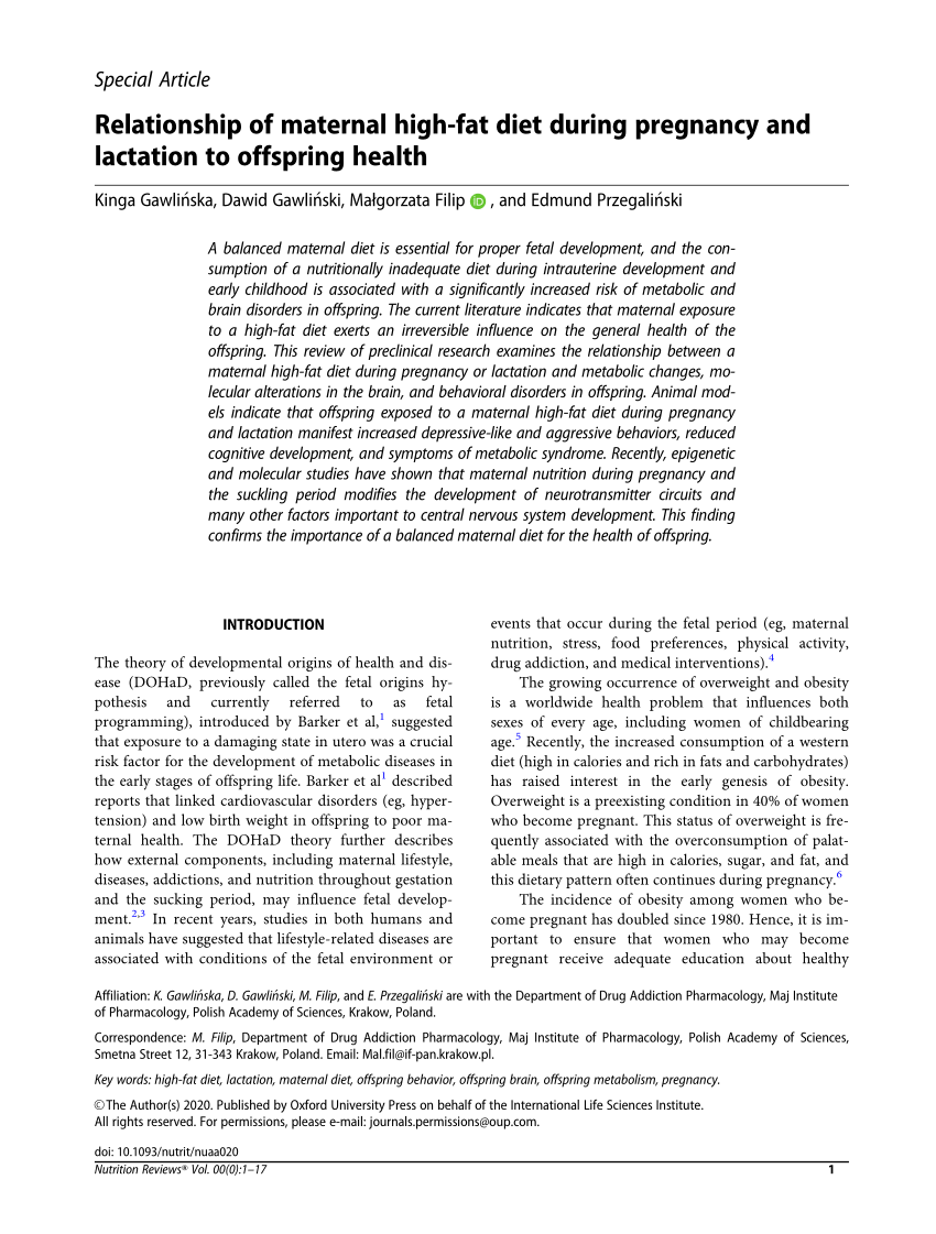 Pdf Relationship Of Maternal High Fat Diet During Pregnancy And Lactation To Offspring Health 4804