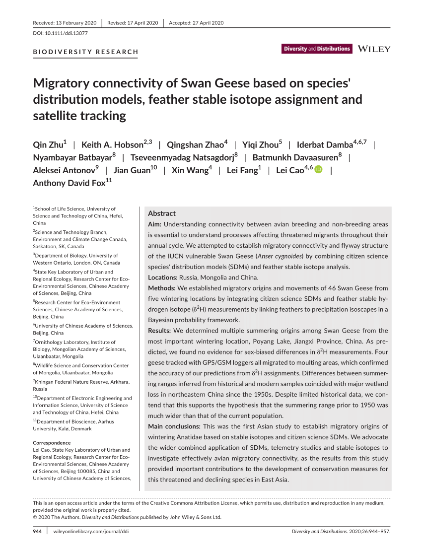 PDF) Migratory connectivity of Swan Geese based on species' distribution  models, feather stable isotope assignment and satellite tracking