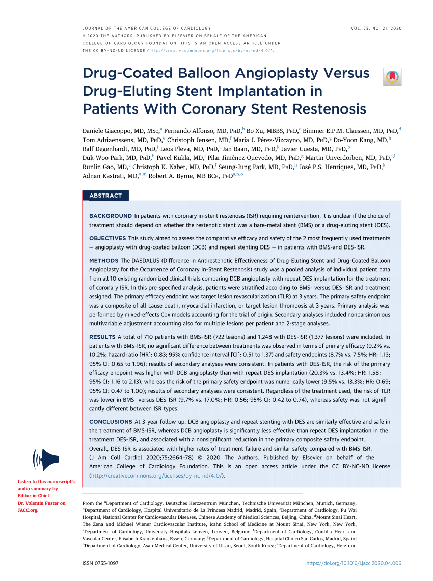 Pdf Drug Coated Balloon Angioplasty Versus Drug Eluting Stent Implantation In Patients With Coronary Stent Restenosis
