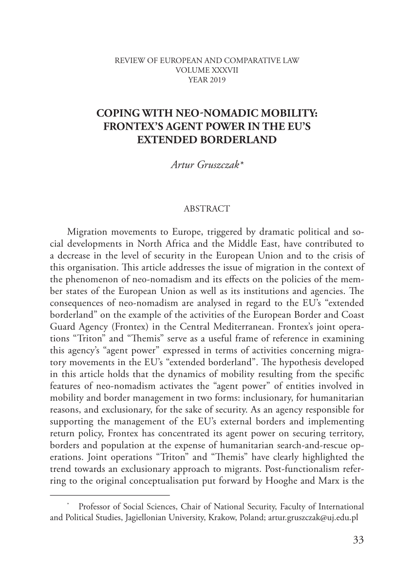 Pdf Coping With Neo Nomadic Mobility Frontex S Agent Power In The Eu S Extended Borderland