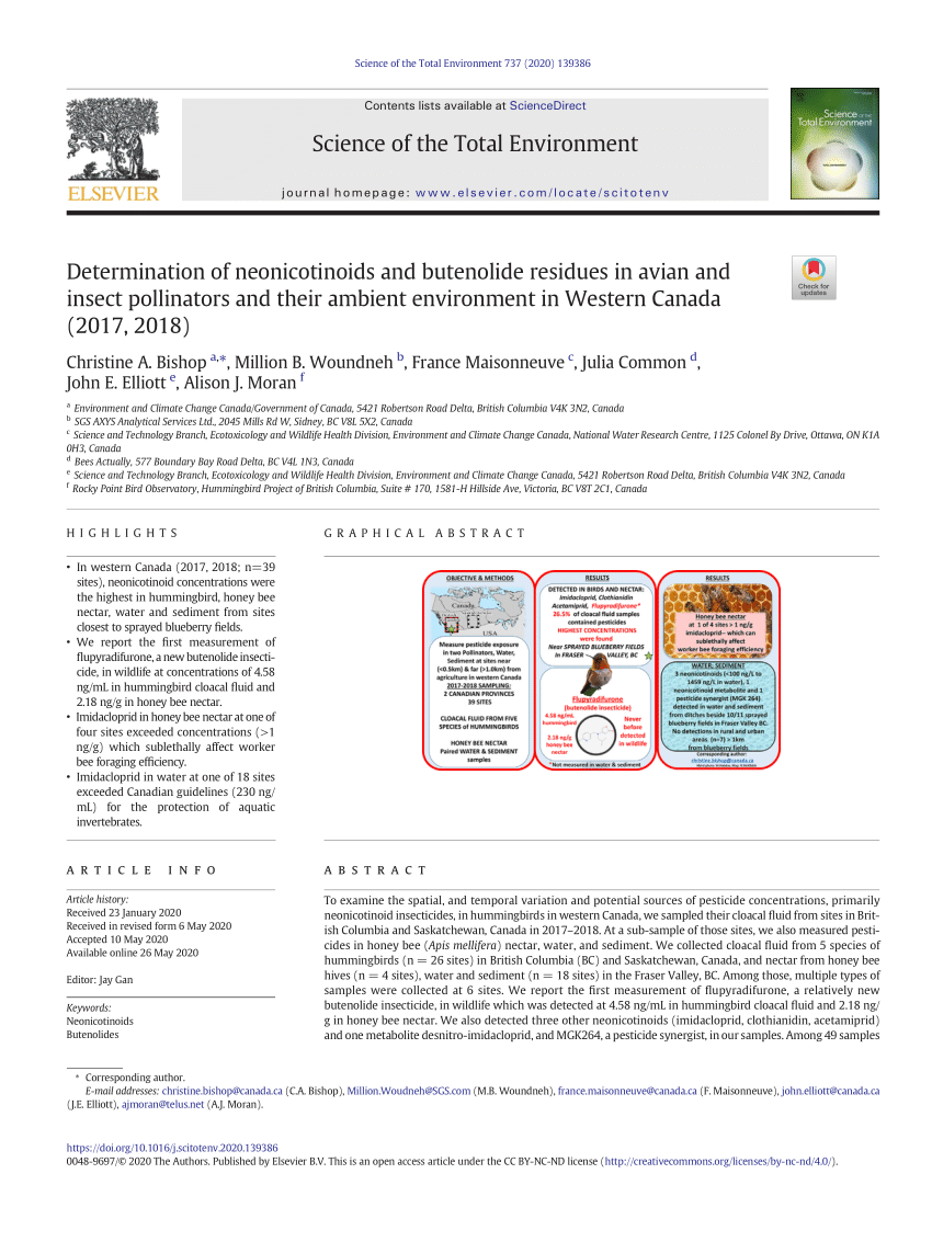 Pdf Determination Of Neonicotinoids And Butenolide Residues In Avian And Insect Pollinators And Their Ambient Environment In Western Canada 2017 2018