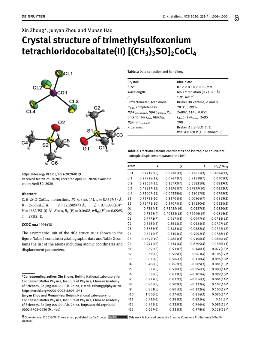 Pdf Crystal Structure Of Trimethylsulfoxonium Tetrachloridocobaltate Ii Ch3 3so 2cocl4