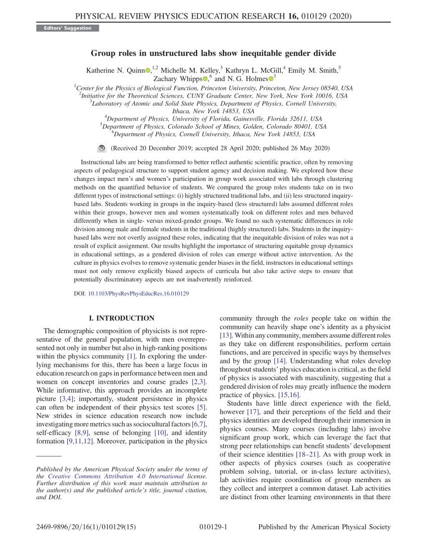 PDF) Group roles in unstructured labs show inequitable gender divide