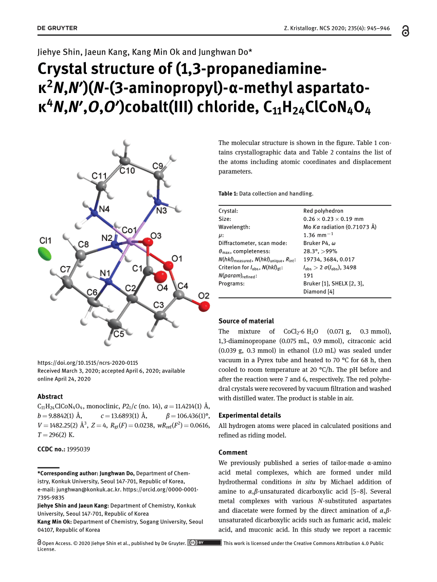 Pdf Crystal Structure Of 1 3 Propanediamine K2n N N 3 Aminopropyl A Methyl Aspartato K4n N O O Cobalt Iii Chloride C11h24clcon4o4