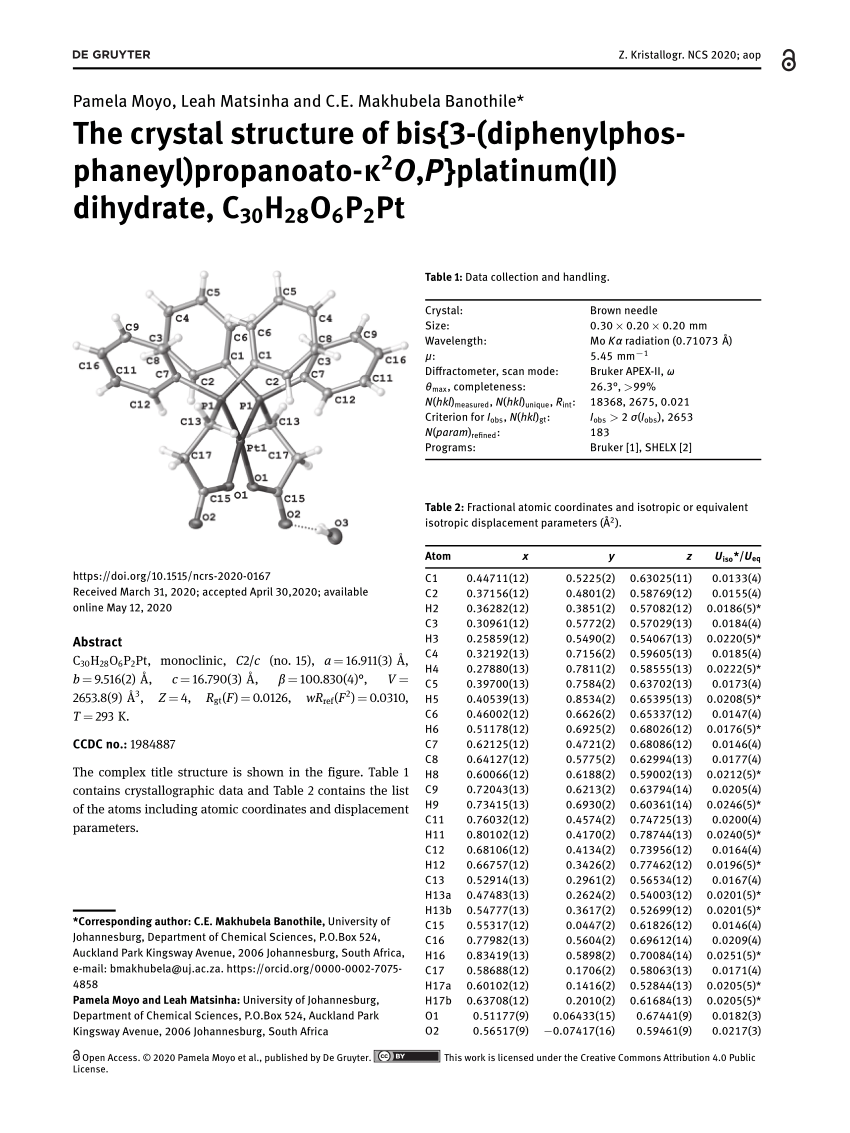 Pdf The Crystal Structure Of Bis 3 Diphenylphosphaneyl Propanoato K2o P Platinum Ii Dihydrate C30h28o6p2pt