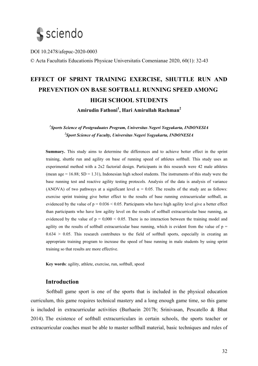 Pdf Effect Of Sprint Training Exercise Shuttle Run And Prevention On Base Softball Running Speed Among High School Students