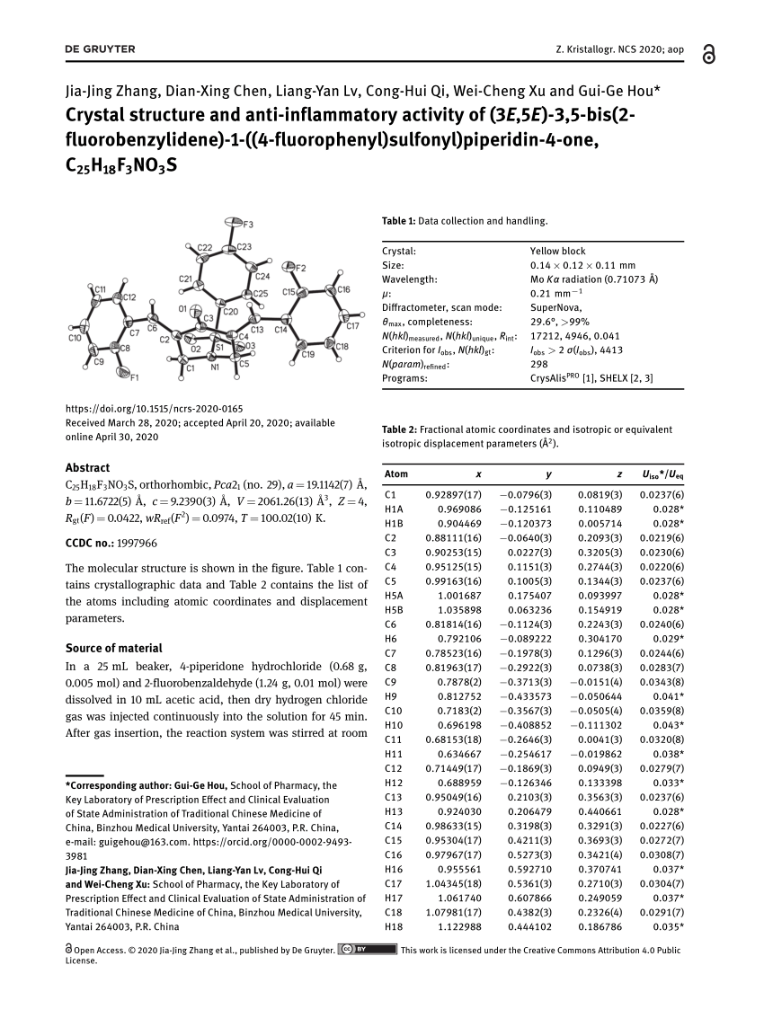 Pdf Crystal Structure And Anti Inflammatory Activity Of 3e 5e 3 5 Bis 2 Fluorobenzylidene 1 4 Fluorophenyl Sulfonyl Piperidin 4 One C25h18f3no3s