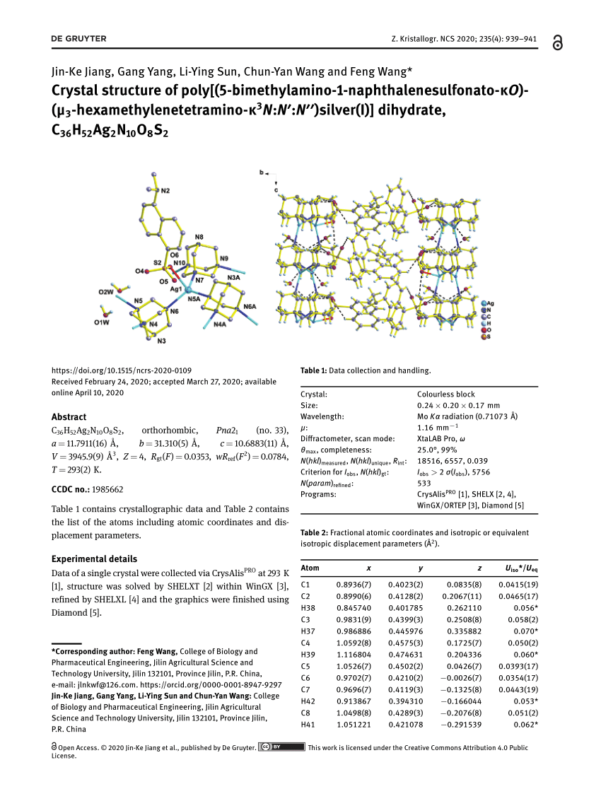 Pdf Crystal Structure Of Poly 5 Bimethylamino 1 Naphthalenesulfonato Ko M3 Hexamethylenetetramino K3n N N Silver I Dihydrate C36h52ag2n10o8s2