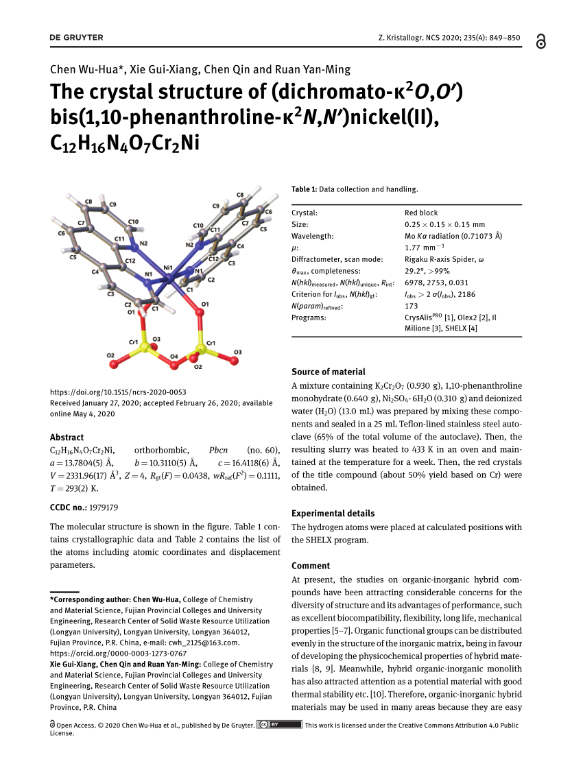 Pdf The Crystal Structure Of Dichromato K2o O Bis 1 10 Phenanthroline K2n N Nickel Ii C12h16n4o7cr2ni