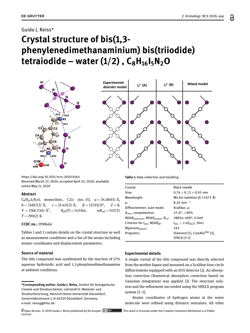 Pdf Crystal Structure Of Bis 1 3 Phenylenedimethanaminium Bis Triiodide Tetraiodide Water 1 2 C8h16i5n2o