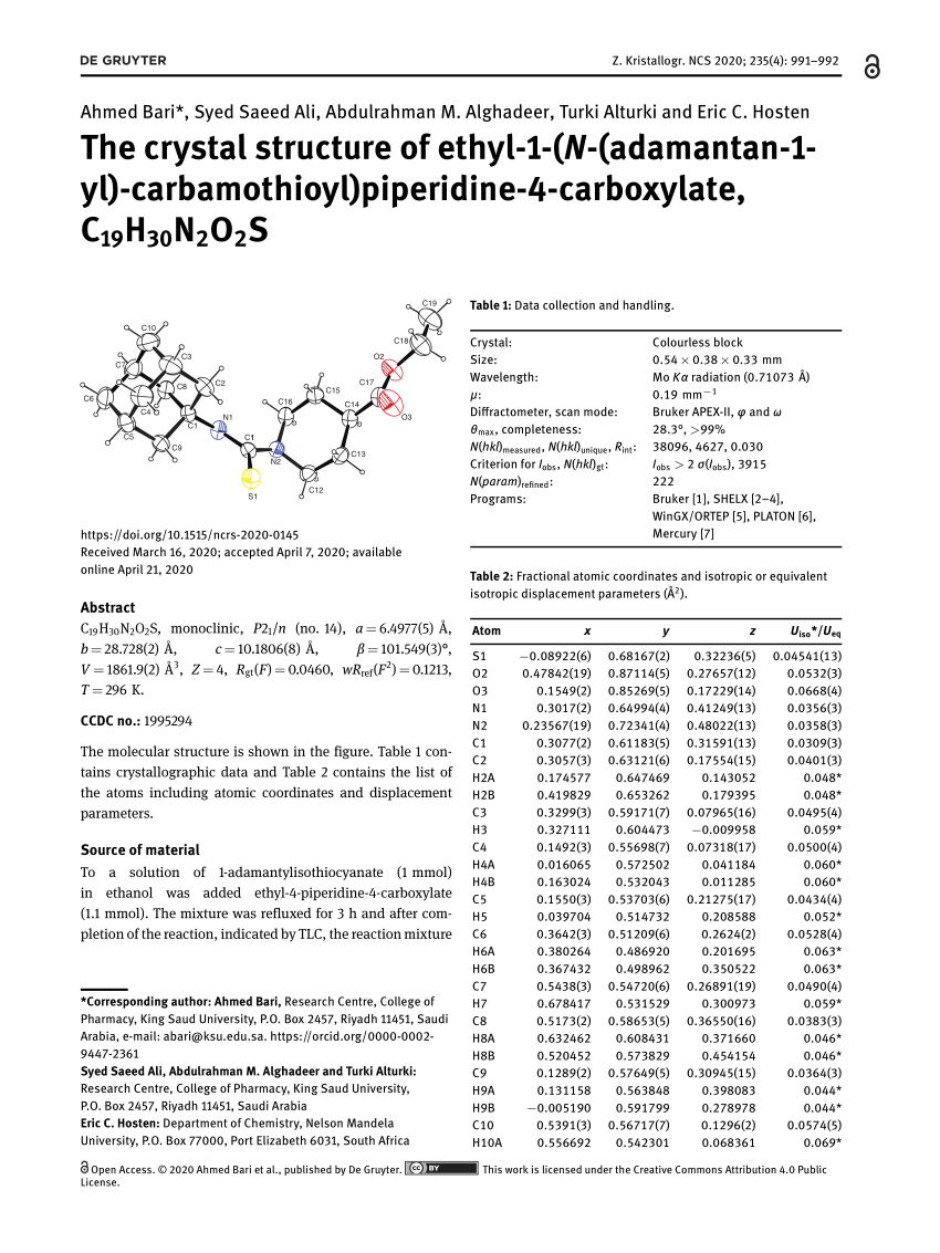 Pdf The Crystal Structure Of Ethyl 1 N Adamantan 1 Yl Carbamothioyl Piperidine 4 Carboxylate C19h30n2o2s