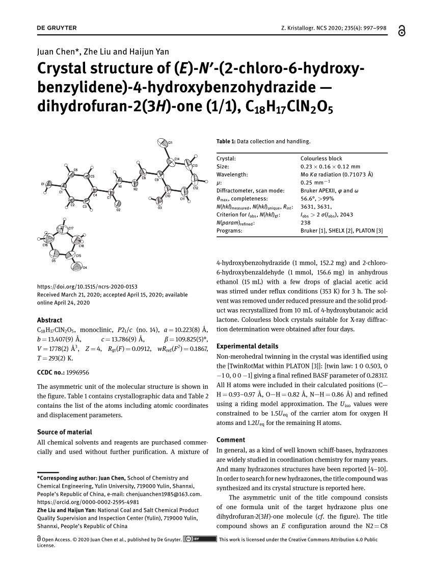 Pdf Crystal Structure Of E N 2 Chloro 6 Hydroxybenzylidene 4 Hydroxybenzohydrazide Dihydrofuran 2 3h One 1 1 C18h17cln2o5