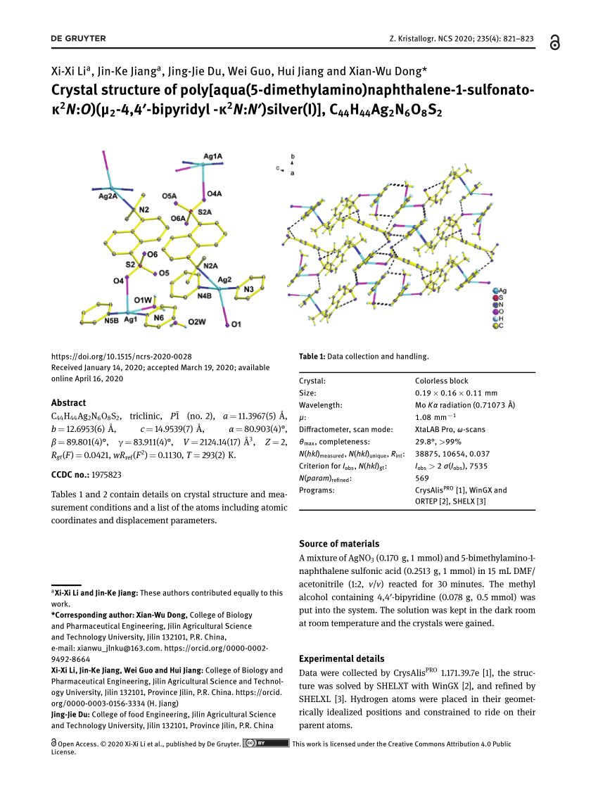 Pdf Crystal Structure Of Poly Aqua 5 Dimethylamino Naphthalene 1 Sulfonato K2n O M2 4 4 Bipyridyl K2n N Silver I C44h44ag2n6o8s2