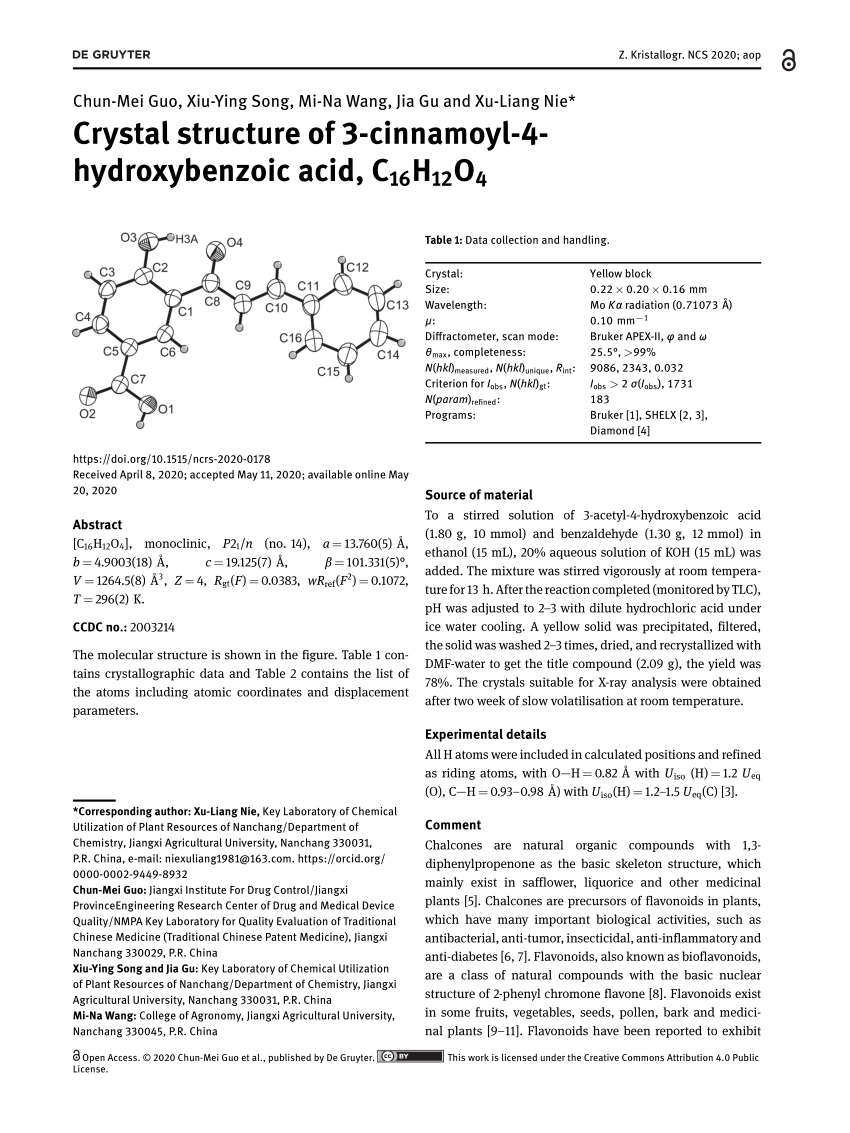Pdf Crystal Structure Of 3 Cinnamoyl 4 Hydroxybenzoic Acid C16h12o4