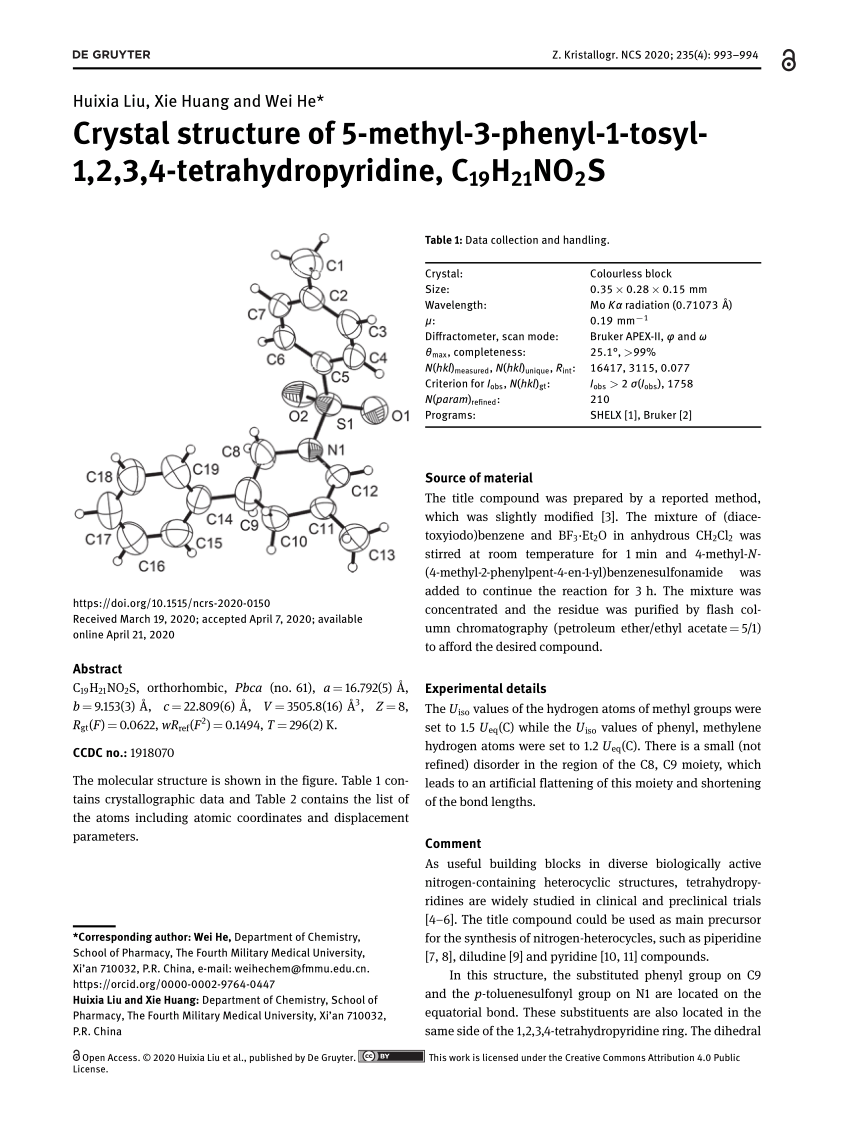 Pdf Crystal Structure Of 5 Methyl 3 Phenyl 1 Tosyl 1 2 3 4 Tetrahydropyridine C19h21no2s