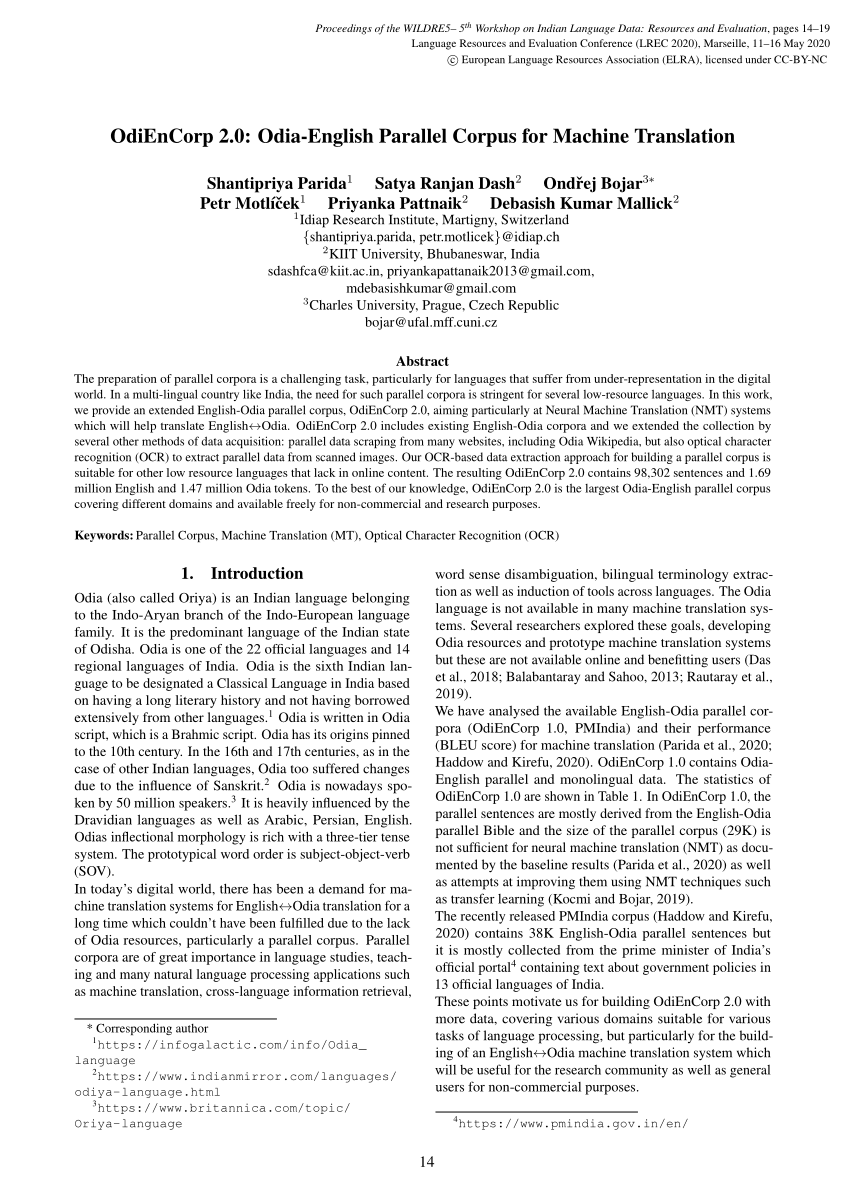 Pdf Odiencorp 2 0 Odia English Parallel Corpus For Machine Translation