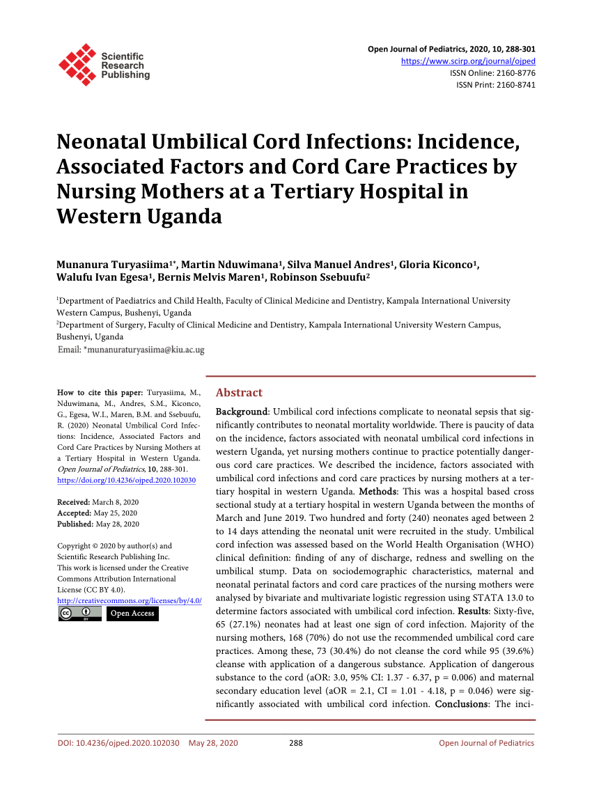 Pdf Neonatal Umbilical Cord Infections Incidence Associated Factors And Cord Care Practices By Nursing Mothers At A Tertiary Hospital In Western Uganda