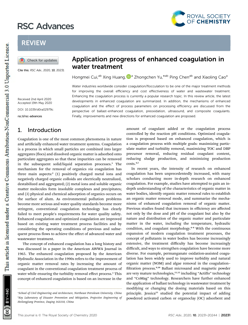 Pdf Application Progress Of Enhanced Coagulation In Water Treatment 2589