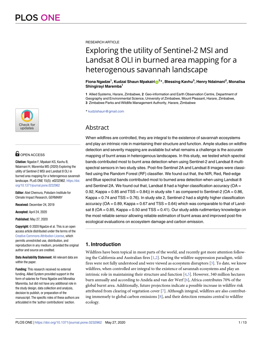 Pdf Exploring The Utility Of Sentinel 2 Msi And Landsat 8 Oli In Burned Area Mapping For A Heterogenous Savannah Landscape