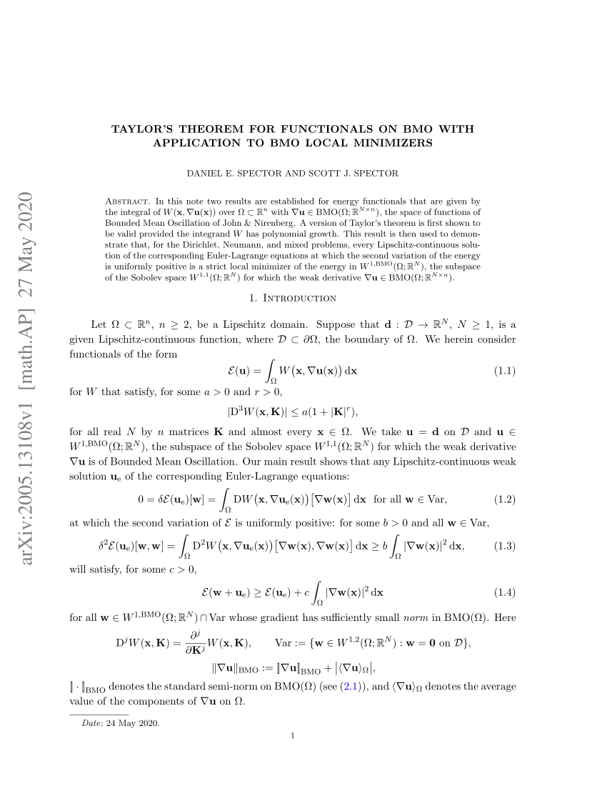 Pdf Taylor S Theorem For Functionals On Bmo With Application To Bmo Local Minimizers