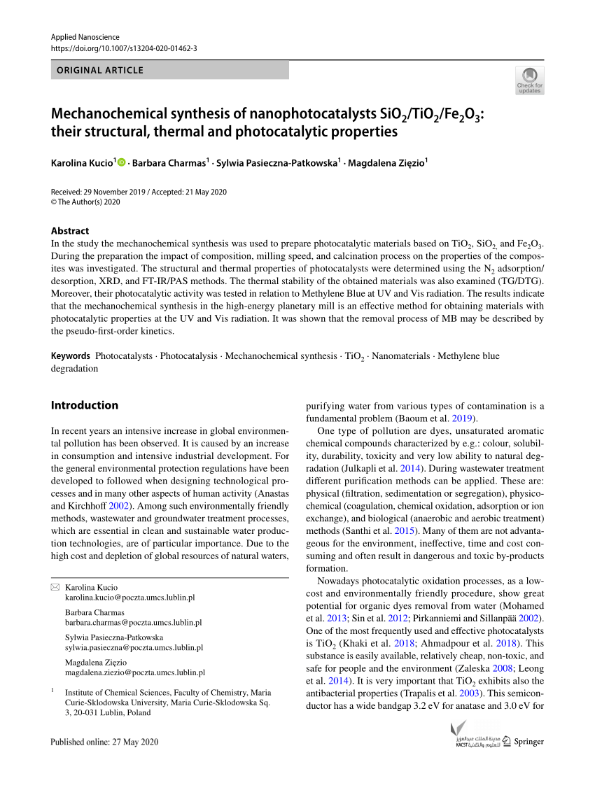 PDF) Mechanochemical synthesis of nanophotocatalysts SiO2/TiO2 