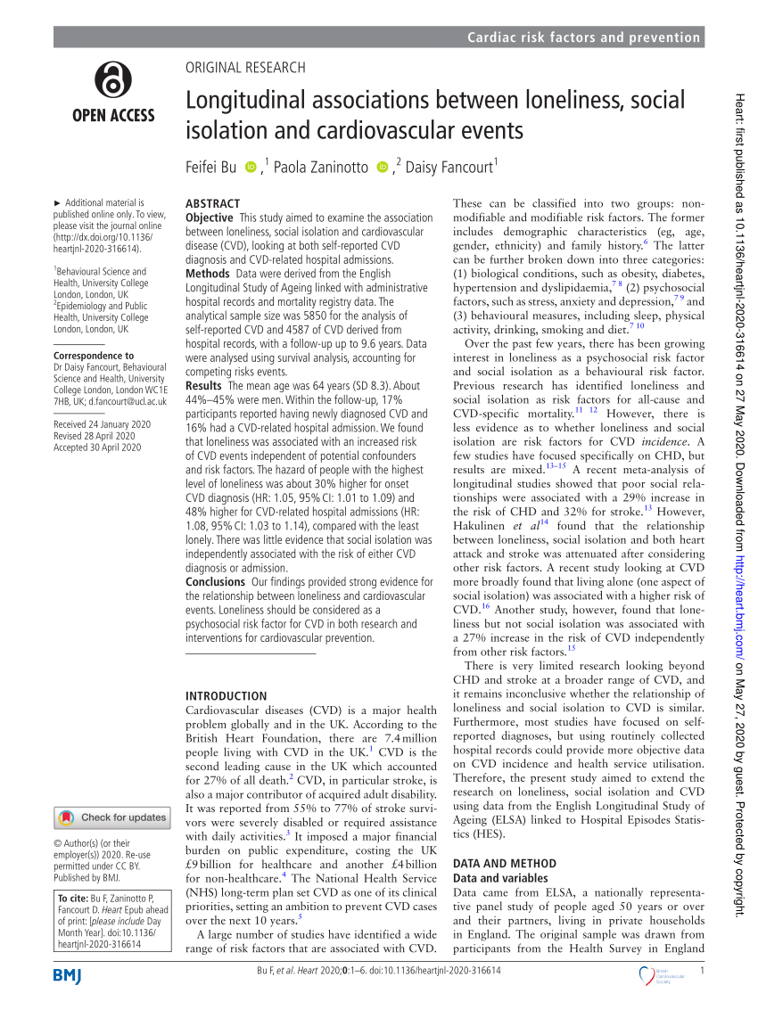 Pdf Longitudinal Associations Between Loneliness Social Isolation And Cardiovascular Events 7693