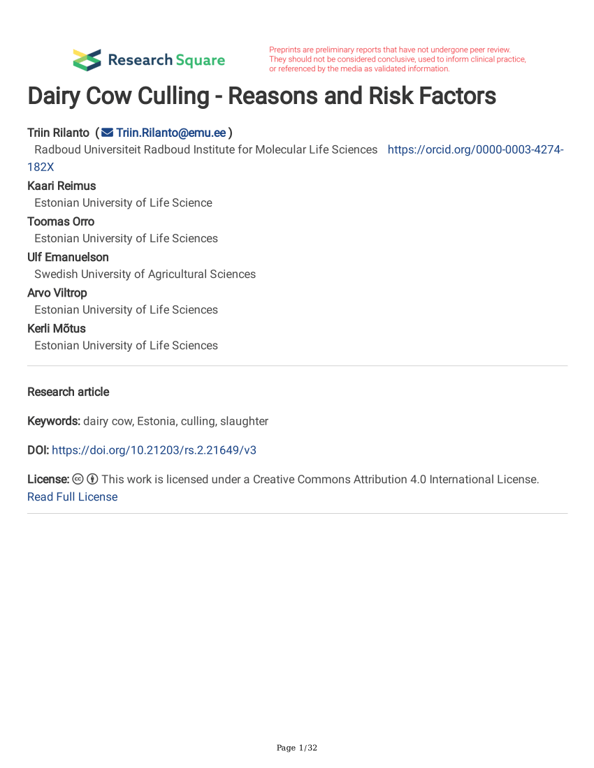 PDF) Dairy Cow Culling - Reasons and Risk Factors