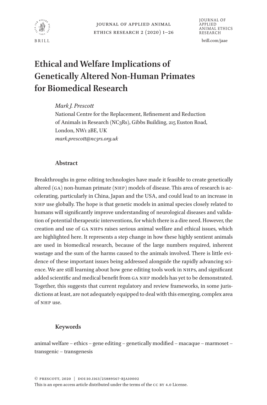 Pdf Ethical And Welfare Implications Of Genetically Altered Non Human Primates For Biomedical Research