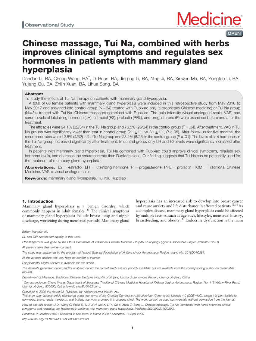 PDF) Chinese massage, Tui Na, combined with herbs improves clinical  symptoms and regulates sex hormones in patients with mammary gland  hyperplasia