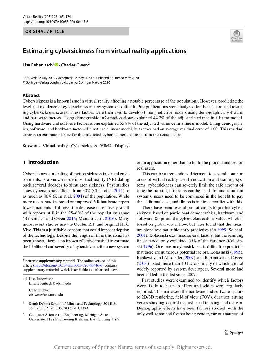 Estimating cybersickness from virtual reality applications