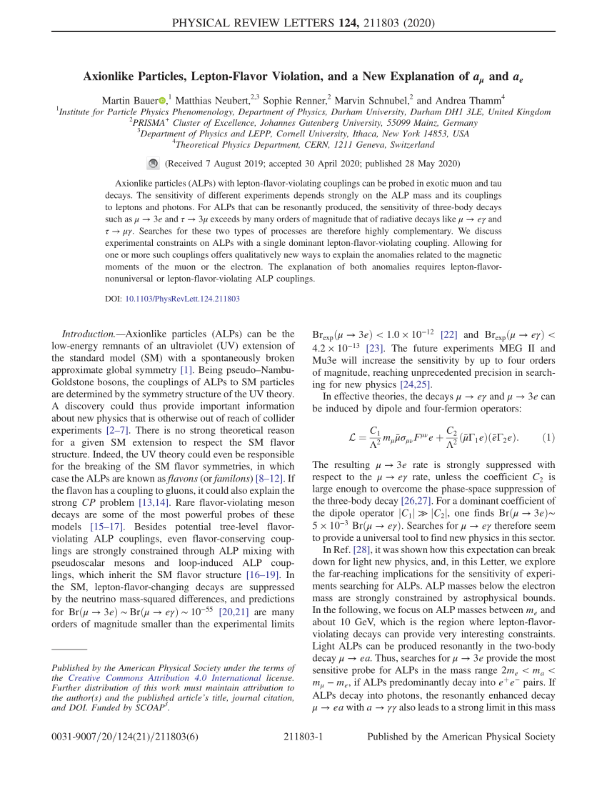 Pdf Axionlike Particles Lepton Flavor Violation And A New Explanation Of A M And A E