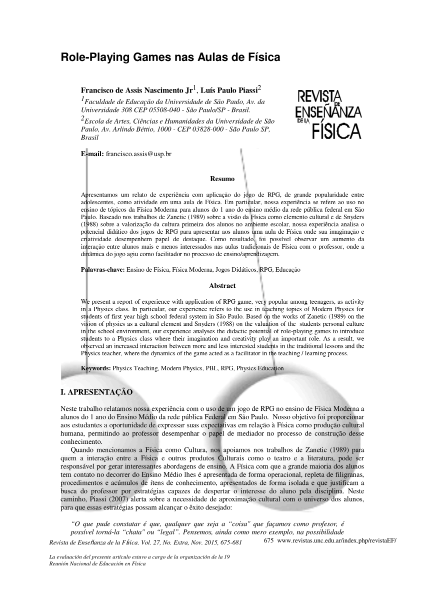 PDF) O uso do jogo de roles (roleplaying game) como estratégia de discussão  e avaliação do conhecimento químico