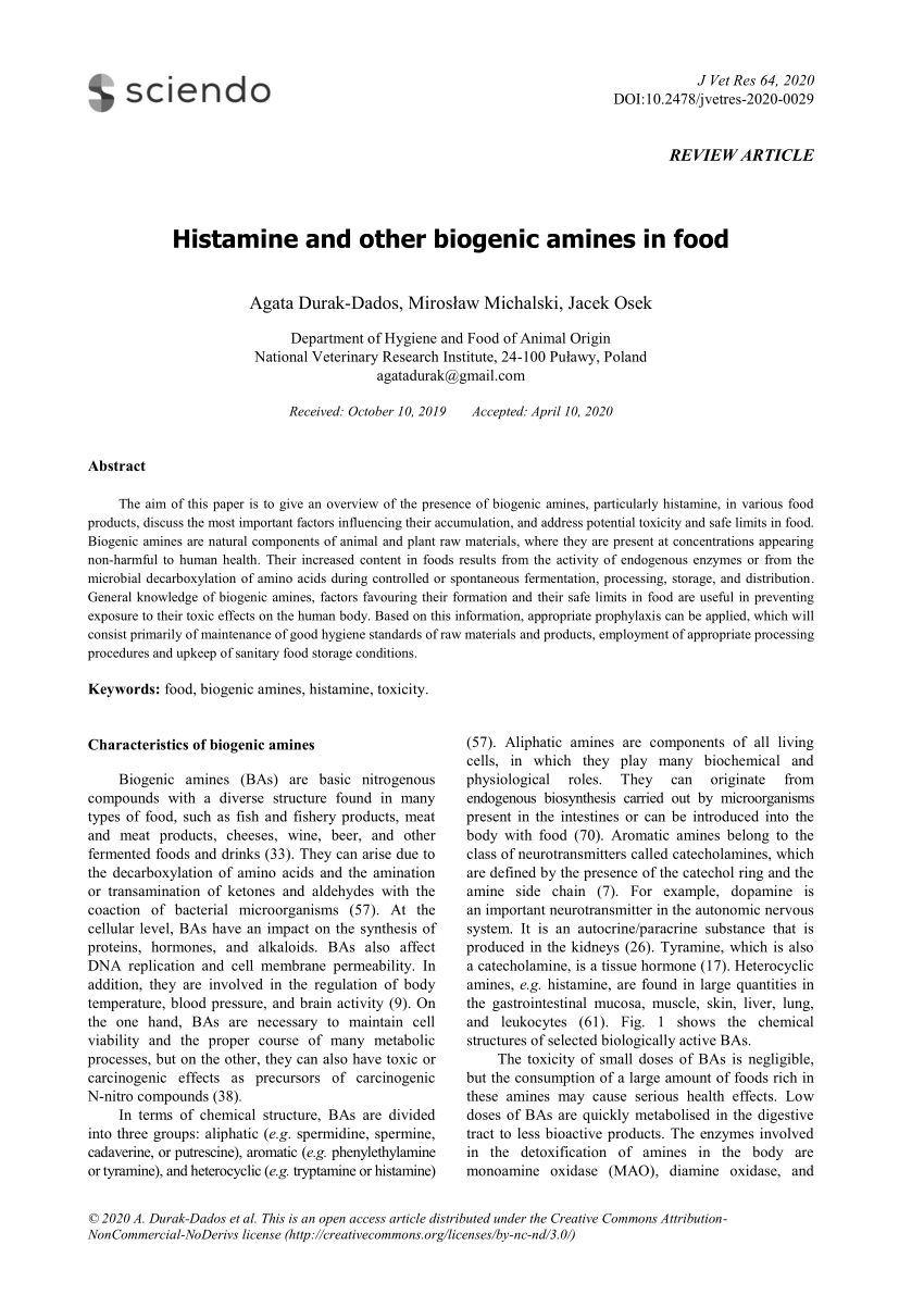 Pdf Histamine And Other Biogenic Amines In Food