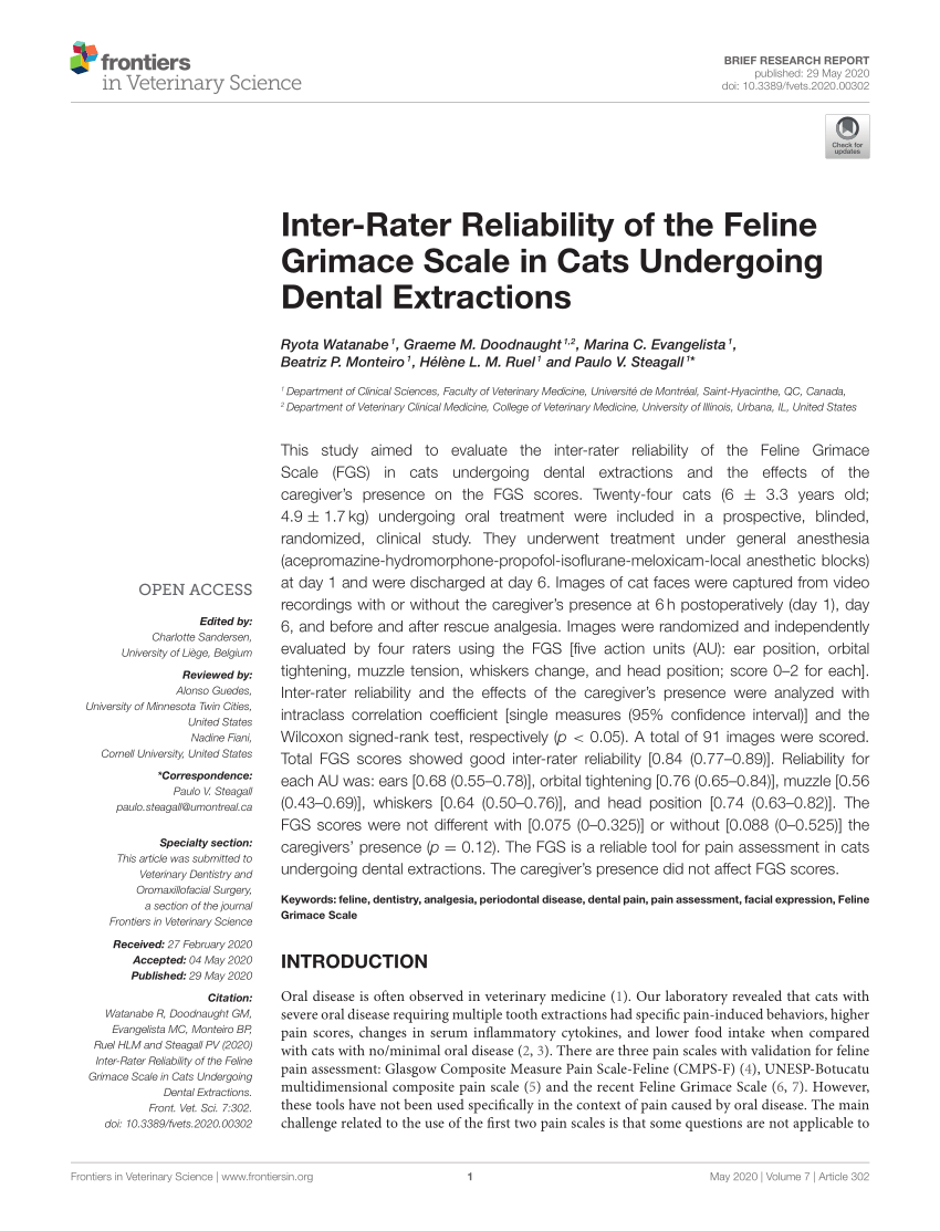 Pdf Inter Rater Reliability Of The Feline Grimace Scale In Cats Undergoing Dental Extractions