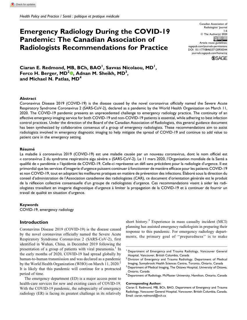 (PDF) Emergency Radiology During the COVID19 Pandemic The Canadian
