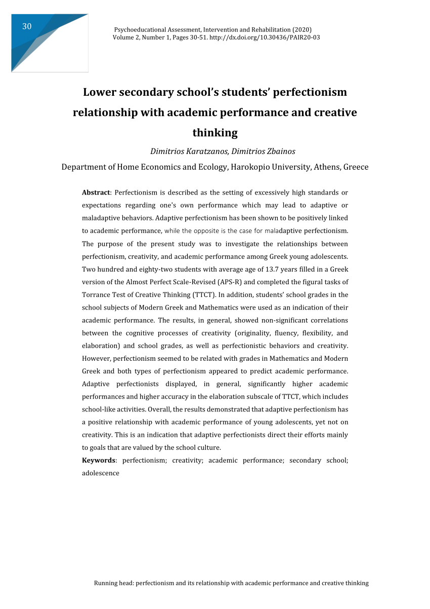 Pdf Lower Secondary School S Students Perfectionism Relationship With Academic Performance And Creative Thinking