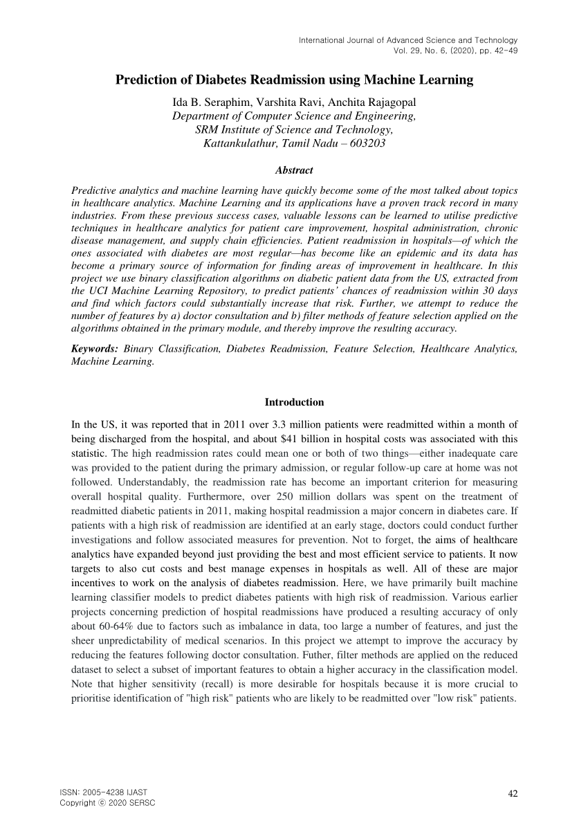 (PDF) Prediction of Diabetes Readmission using Machine Learning