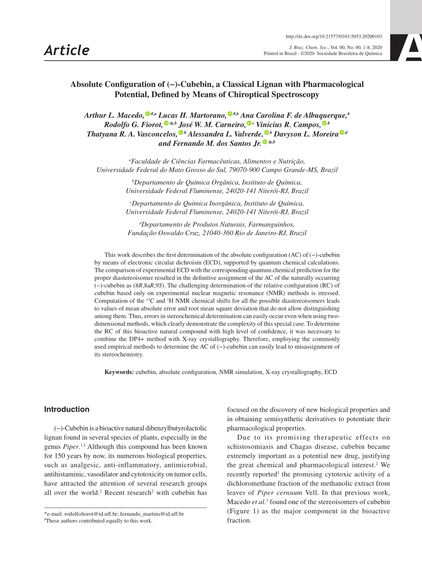 PDF) Absolute Configuration of (−)-Cubebin, a Classical Lignan