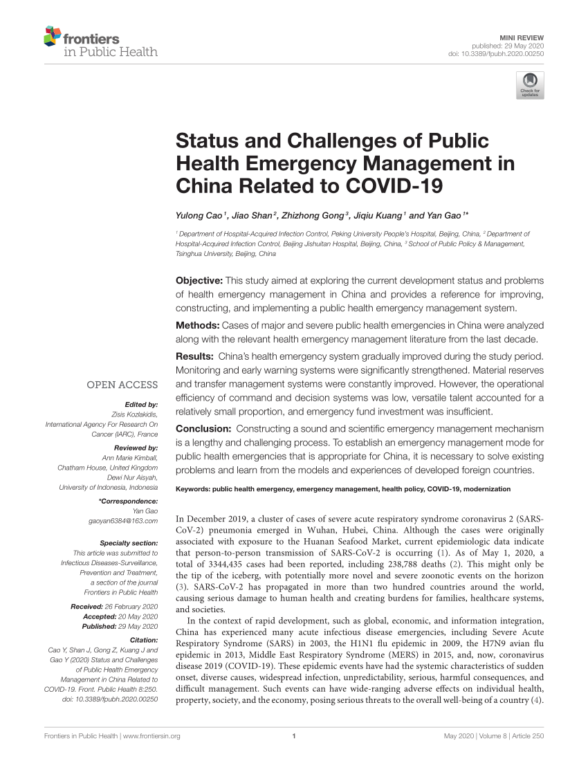Pdf Status And Challenges Of Public Health Emergency Management In China Related To Covid 19