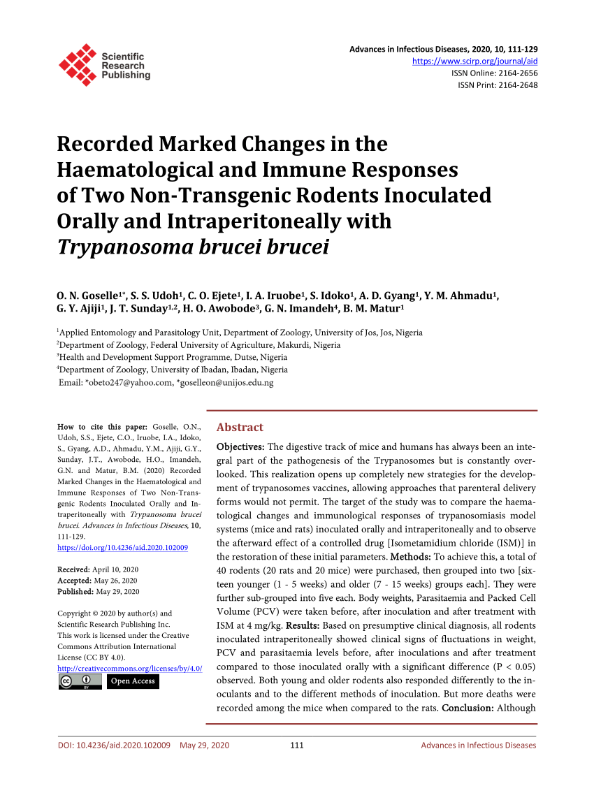 Pdf Recorded Marked Changes In The Haematological And Immune Responses Of Two Non Transgenic Rodents Inoculated Orally And Intraperitoneally With Trypanosoma Brucei Brucei