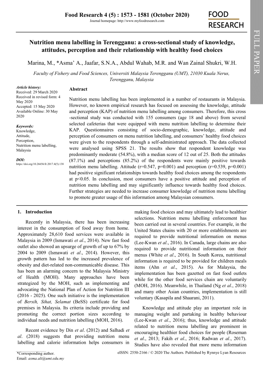 PDF) Nutrition menu labelling in Terengganu: a cross-sectional 