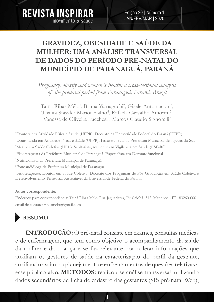 PDF) GRAVIDEZ, OBESIDADE E SAÚDE DA MULHER: UMA ANÁLISE TRANSVERSAL DE  DADOS DO PERÍODO PRÉ-NATAL DO MUNICÍPIO DE PARANAGUÁ, PARANÁ