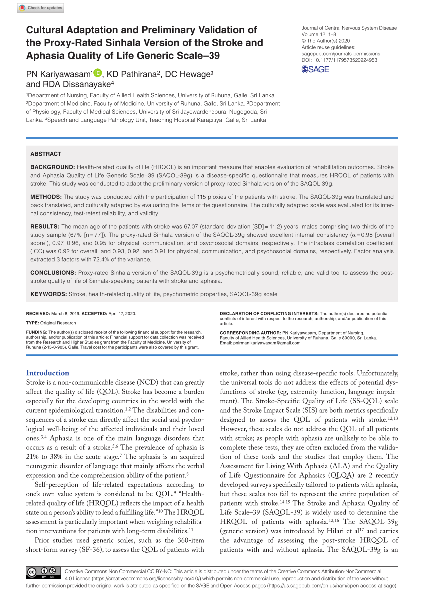 Pdf Sage Published Article On Validation Of Saqol 39 Generic Scale