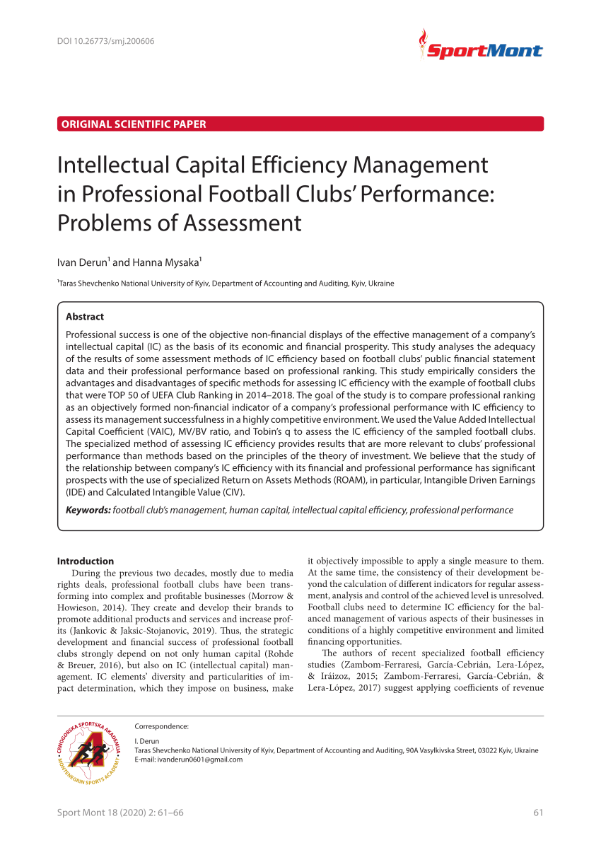 Pdf Intellectual Capital Efficiency Management In Professional Football Clubs Performance Problems Of Assessment